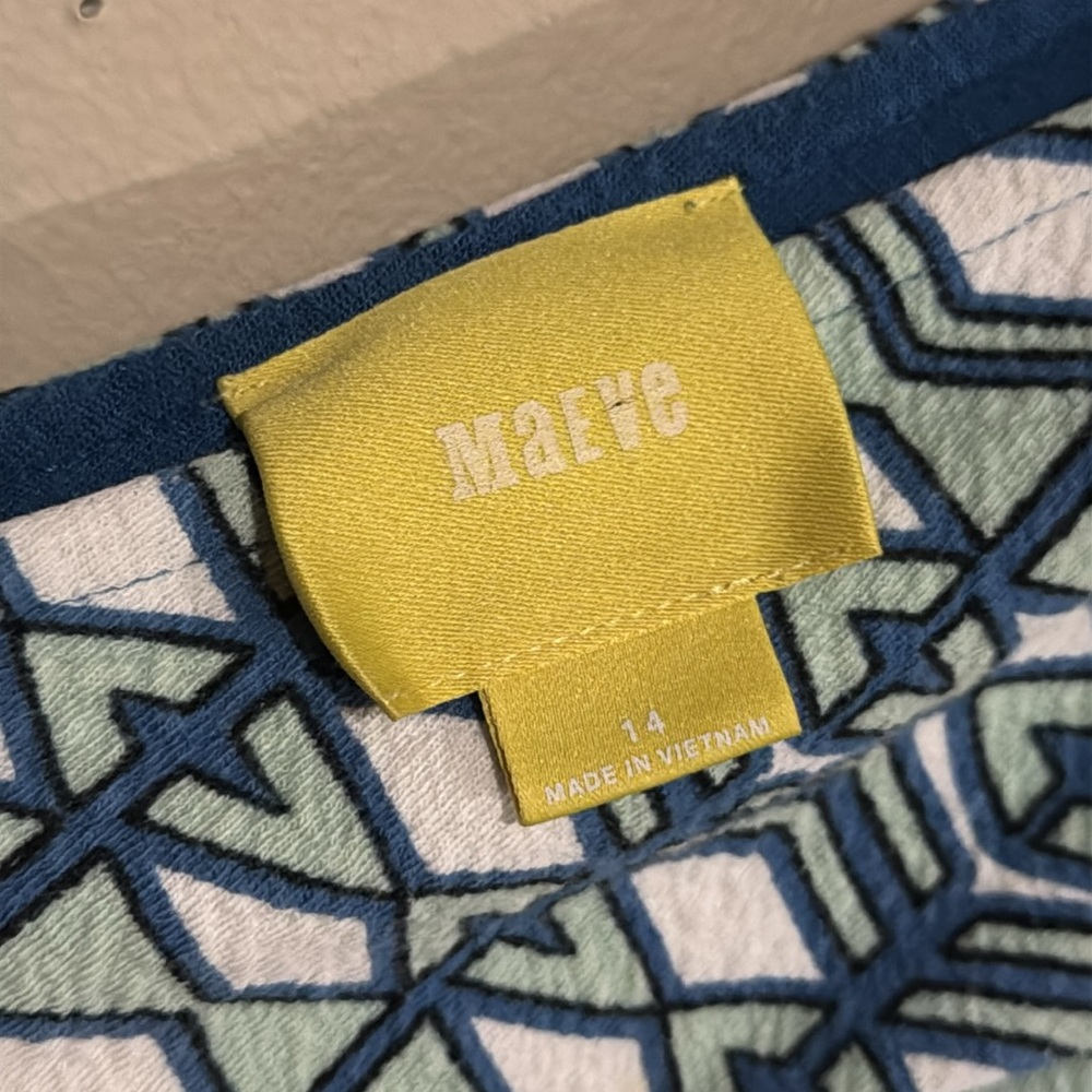 Maeve Anthropologie Double V Dress Green Blue Textured Geometric
Print Sz 14 - Picture 7 of 8